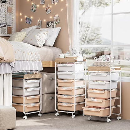Rolling Storage Utility Cart With 4 Drawers,Kids Craft Art Cart,Makeup Organizer And Storage with Wooden Tabletop,Pearl