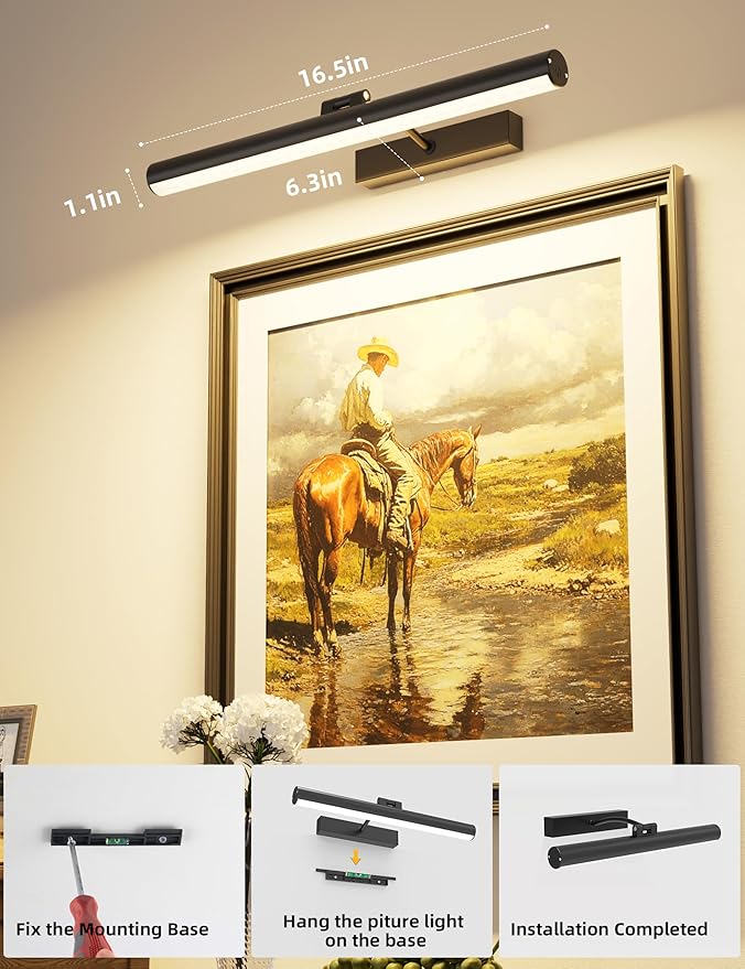 VOLISUN 16 inch Picture Lights for Wall, Rechargable Picture Light Battery Operated, 3 Color Temperatures Cordless Picture Light with Remote, Art Light for Paintings, Gallery, Portrait, 1 Pack (Black)