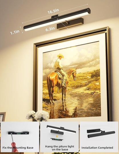 VOLISUN 16 inch Picture Lights for Wall, Rechargable Picture Light Battery Operated, 3 Color Temperatures Cordless Picture Light with Remote, Art Light for Paintings, Gallery, Portrait, 2 Pack (Black)