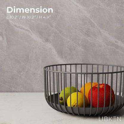 Fruit Basket - Scandinavian Minimal Design - Metal Steel Wire Decor Basket with Removable Tray for Easy Cleaning - Round Basket Bowl for Kitchen Counter - 25cm - Black - Set of 1