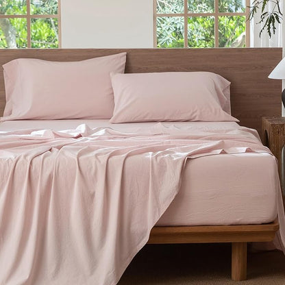 MooMee Bedding Sheet Set 100% Washed Cotton Linen Like Textured Breathable Durable Soft Comfy (Heathered Greyish Pink, King)