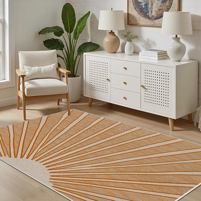 Boho Sun Print Area Rug for Living Room 6x9, Modern Abstract Non-Slip Washable Rugs, Soft Stripe Minimalism Carpet for Bedroom, Nursery, Entryway, Dining Room & Office Decor, Orange White