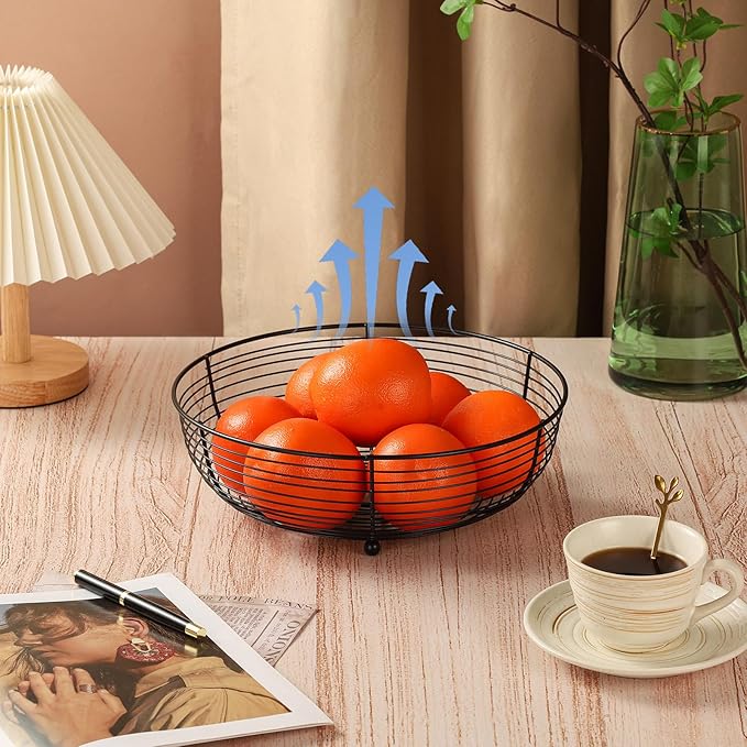 IBWell® Black Fruit Bowl for Kichen Countertop, Round Wire Fruits Breads Vegetables Snacks Canddy Basket - 11.5"x3.4"(DxH)