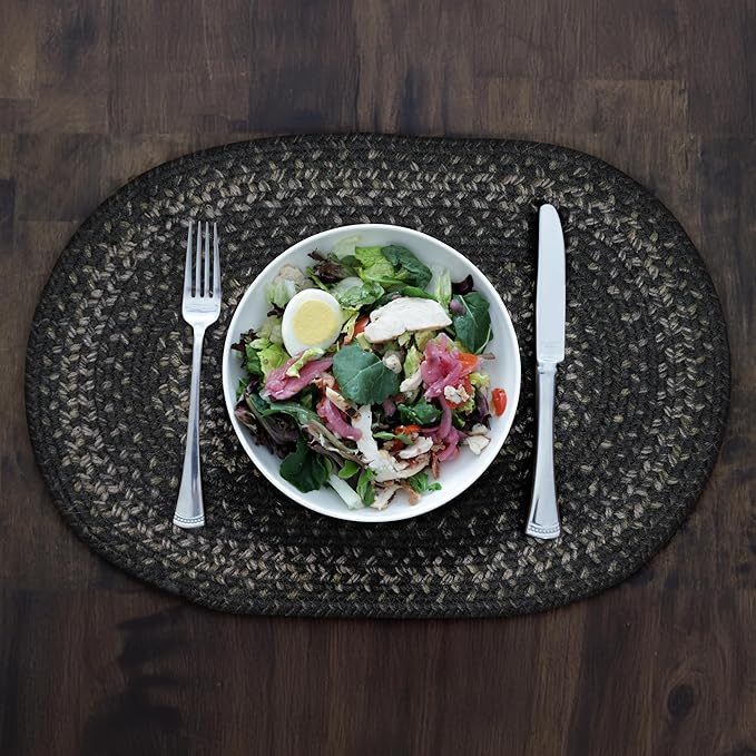 Homespice Jet Black Braided Oval Placemats, Warm Primitive Decor, Set of 6, 13x19 Jute Table Mats - Vibrant Colors, Durable, Easy to Clean and Protects Furniture
