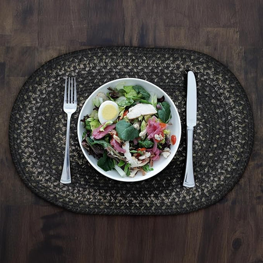 Homespice Jet Black Braided Oval Placemats, Warm Primitive Decor, Set of 6, 13x19 Jute Table Mats - Vibrant Colors, Durable, Easy to Clean and Protects Furniture