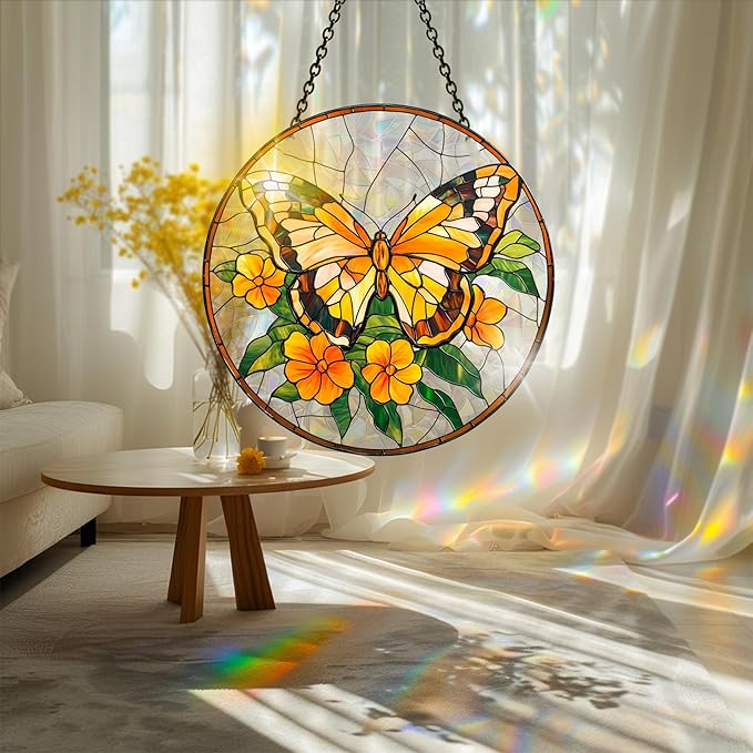 Bimkole Yellow Butterfly Sun Catchers Indoor Window - Flowers Acrylic Suncatcher Hanging Decoration for Living Room Bedroom Summer Home Balcony Outdoor Garden Ornaments Decoration 7.8x7.8 Inch