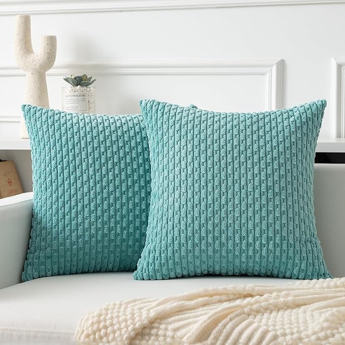 Kevin Textile Throw Pillow Covers Soft Corduroy Decorative Set of 2 Boho Striped Pillow Covers Pillowcases Farmhouse Home Decor for Couch Bed Sofa Living Room 18x18 Inch Aqua Green