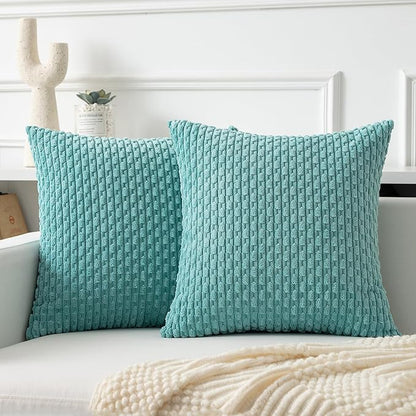 Kevin Textile Throw Pillow Covers Soft Corduroy Decorative Set of 2 Boho Striped Pillow Covers Pillowcases Farmhouse Home Decor for Couch Bed Sofa Living Room 16x16 Inch Aqua Green