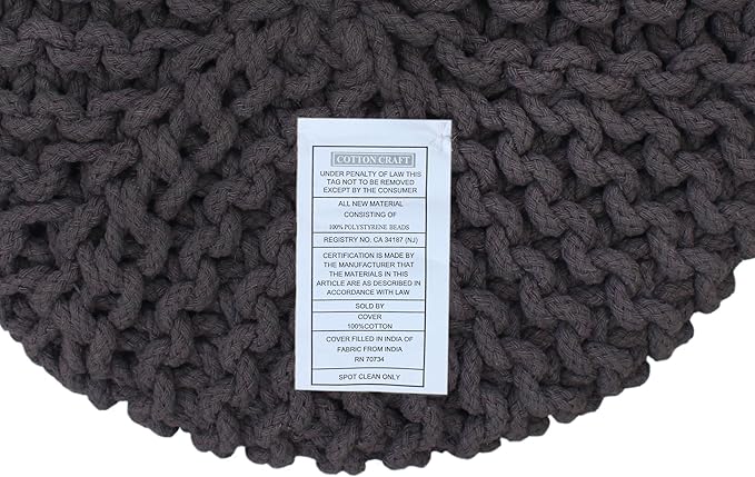 COTTON CRAFT Braided Round Pouf - Hand Knitted Cotton Cord Cable Dori Cylindrical Floor Pouf - Foot Stool Ottoman Footrest - Accent Seat - Living Room Bedroom Dorm Décor - 15 Round x 16 H - Grey