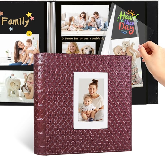 RECUTMS Scrapbook Photo Album for Any Sizes 4x6 5x7 8x10 DIY Photo Album Self Adhesive 30 Pages Button Grain Leather Picture Album Baby Family Wedding Anniversary Photos Book (Wine Red)