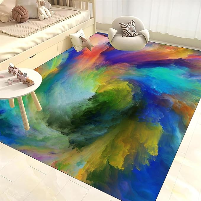 Living Room Abstract Area Rug - Washable, Colorful Sea of Clouds Patterns - Dining Room, Bedroom, Office - 4x6ft