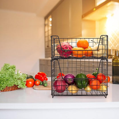 TIEYIPIN 2 Tier Metal Wire Storage Basket, Stackable Fruit Vegetable Food Baskets Cabinet Organizer Pantry Bin for Home Bathroom Kitchen Office Organization - Black