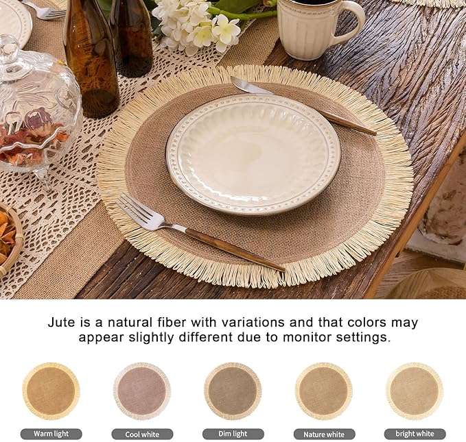 FunWheat Burlap Round Braided Placemats Set of 12 for Dining Tables 15 Inch Heat Resistant Jute Table Mats Farmhouse Woven Fabric Natural Place mats for Fall Decorations Indoor Outdoor(Beige)