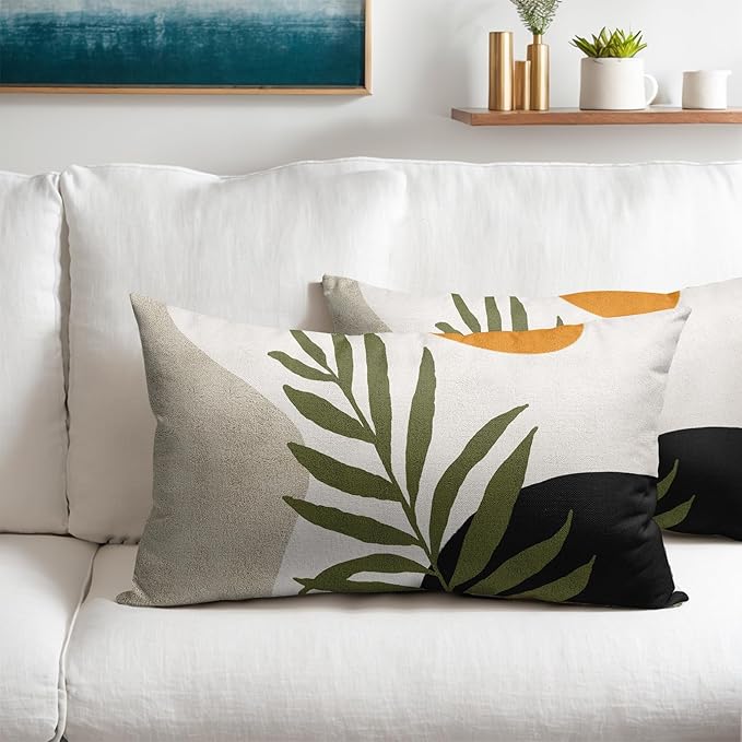 Spring Boho Pillow Covers 12x20 Set of 2 Abstract Mid Century Throw Pillow Covers Green Pillowcase Linen Decoration Farmhouse Soft Decorative Aesthetic Cushion Case Couch for Indoor Outdoor Home Decor