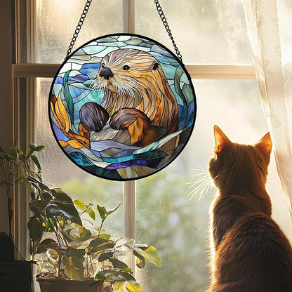 Stained Glass Suncatcher, Blue Ocean Cute Sea Otter Sun Catcher Stain Glass Window Hanging Decoration Mother's Day Birthday Gifts for Women Men Mom Nana 11.8 in