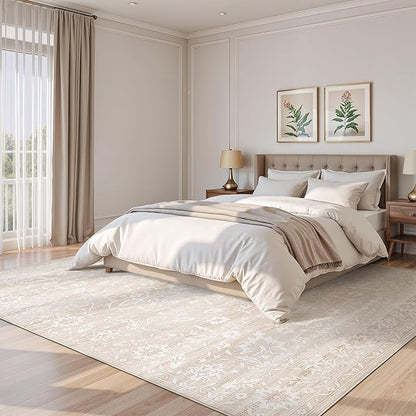 6x9 Area Rugs for Living Room, Stain Resistant Neutral Washable Rugs for Dining Room, Floral Vintage Non-Slip Thin Area Rug Farmhouse Rug Beige