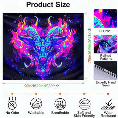 seewan Black Light Aries Tapestry, Glow-in-the-Dark UV Neon Ram Head with Galaxy Flames Tapestry, Psychedelic Constellation Wall Hanging, Bedroom Dorm Living Room Background Decor