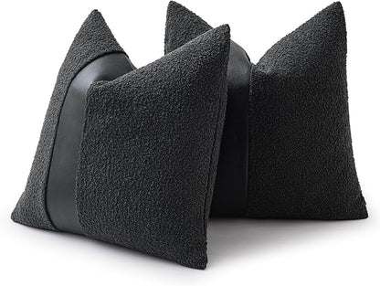 24"x24" Charcoal Black Boucle Pillow Covers with Faux Leather Accents Set of 2 Fluffy Textured Decorative Throw Pillow Cases for Couch Bed Boho Farmhouse Square Cushion Covers for Home Décor