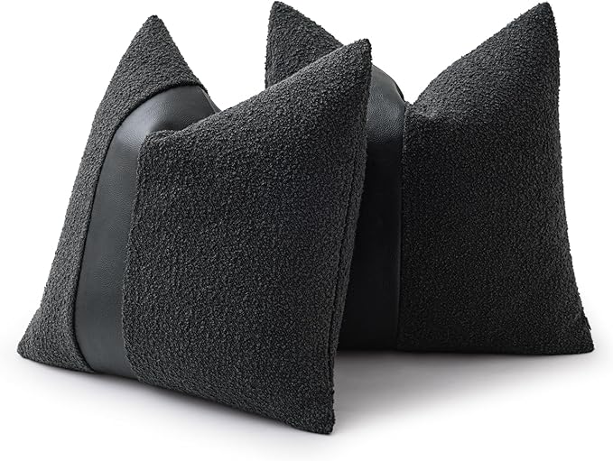 22"x22" Charcoal Black Boucle Pillow Covers with Faux Leather Accents Set of 2 Fluffy Textured Decorative Throw Pillow Cases for Couch Bed Boho Farmhouse Square Cushion Covers for Home Décor