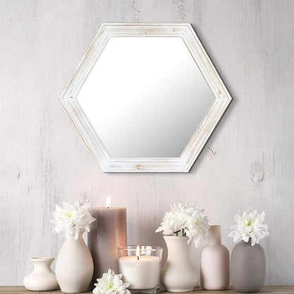 Stonebriar Decorative 24" Hexagon Wall Mirror with Worn White Wood Frame and Attached Hanging Bracket, Decorative Country Rustic Decor for the Living Room, Bedroom, Bathroom, Hallway, and Entryway