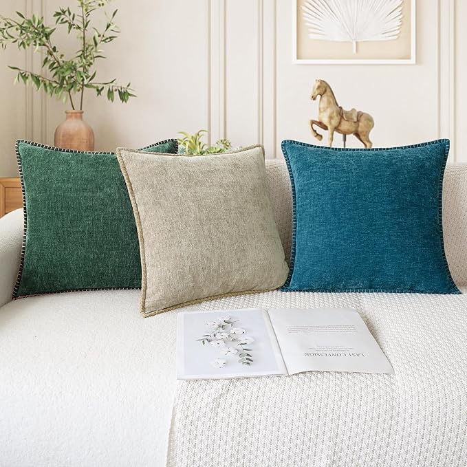 CaliTime Christmas Throw Pillow Covers Decorative 16 X 16 Inches Pack of 2 Cotton Thread Stitching Edges Solid Dyed Soft Chenille Cushion Cases for Couch Sofa Bed Living Room Farmhouse Dark Green