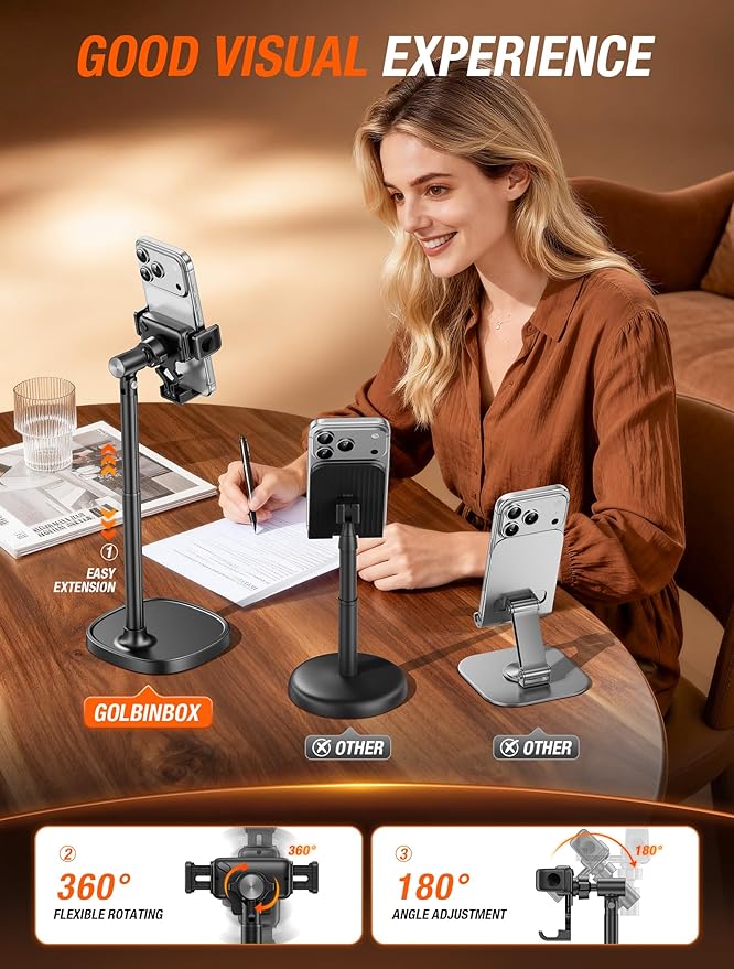 Golbinbox Phone Stand for Desk, [One-Click Release] Adjustable Height & Angle, 180° Flip & 360° Rotation Retractable Cell Phone Stand for Recording, Universal Desktop Holder for iPhone Samsung Android