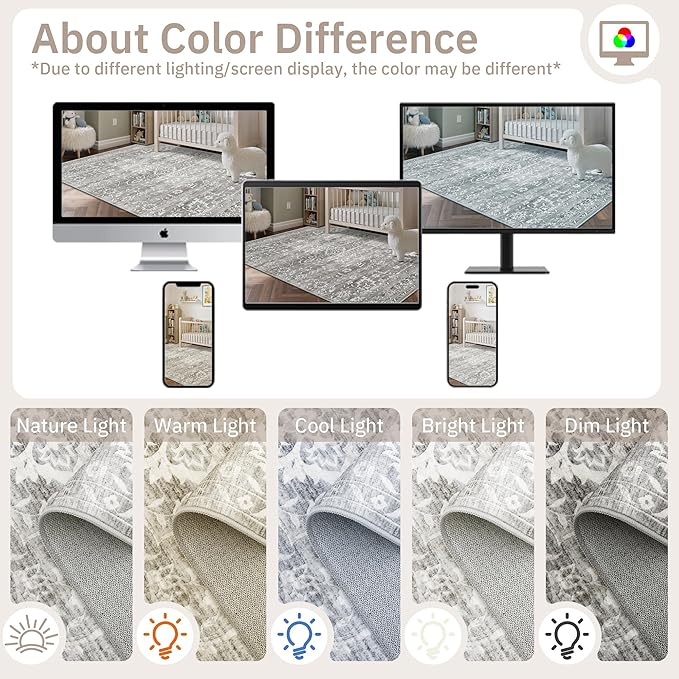 Area Rugs 5x7 for Living Room, Floral Washable Rugs for Dining Room, Bedroom, Vintage Non-Slip Gray Thin Area Rug(Grey, 5'x7')