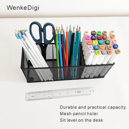 2-Pack Metal Mesh Pencil Holder, Spacious 3-Compartment Desk Organizer for Pens, Makeup Brushes, Utensils, Desktop Storage for Home, Office, School, Kitchen, 10.43x3.35x4.04 Inch, Black