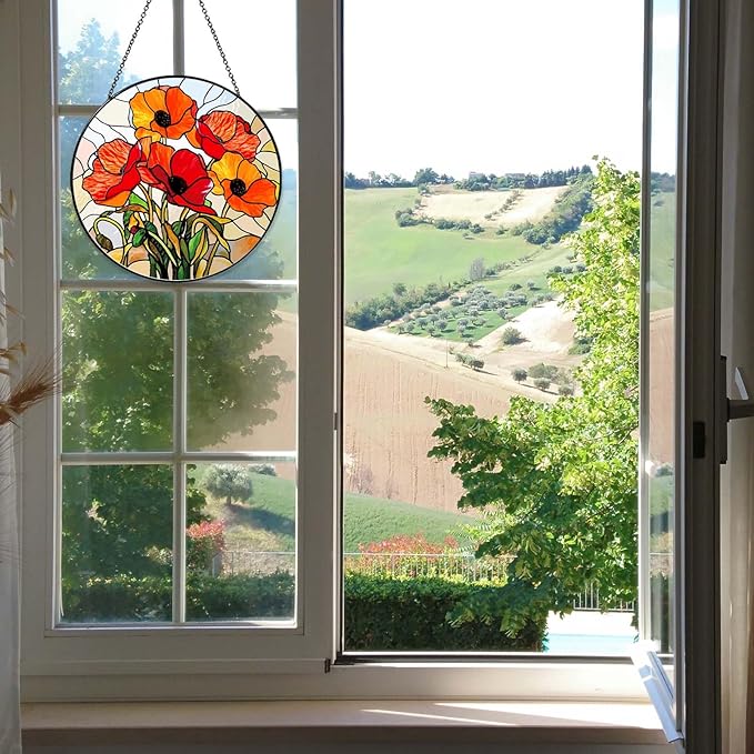 California Poppy Forest Sun Catcher 9.8'' Stained Glass Window Hanging Flower Lover Gifts for Women Red Poppy Kitchen Decor Suncatcher Decoration for Home Garden Housewarming Gifts