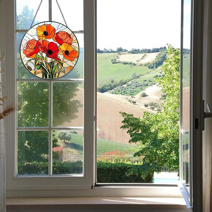 California Poppy Forest Sun Catcher 6'' Stained Glass Window Hanging Flower Lover Gifts for Women Red Poppy Kitchen Decor Suncatcher Decoration for Home Garden Housewarming Gifts
