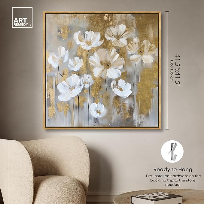 Art Remedy Golden Daisies Canvas Elegant White Gold Wall Art, Gold Frame, 40" x 40"