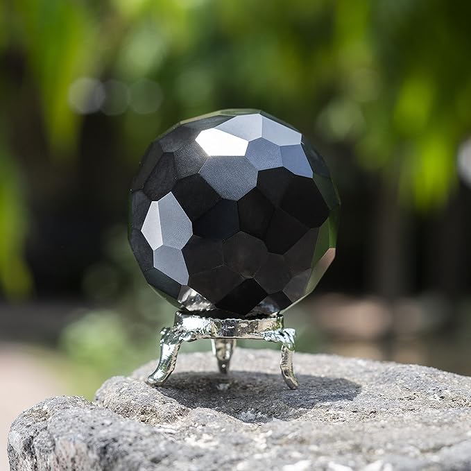 Crocon 50mm Black Tourmaline Diamond Cut Stone Sphere Ball with Metal Stand 1400+ Carats Gemstone Ball Healing Ornament Rock Sphere Sculpture Figurine for Fengshui Divination Crystal