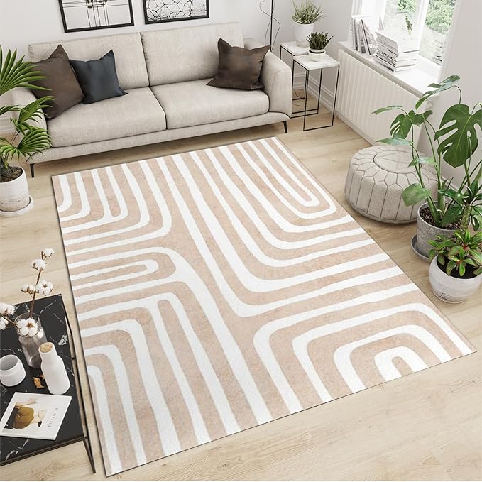 Yellow White Striped Abstract Boho Area Rug, Cream Brown Nordic Rainbow Print Large Rugs, Machine Washable Breathable Durable Carpet for Room Sofa Living Room Mat Bedroom Home Decor,6 x 8ft