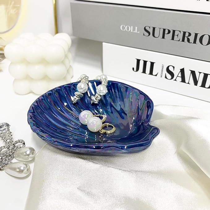 Shell Jewelry Holder Dish Aesthetic, Ceramic Seashell Trinket Dish for Women, Cute Room Decor Jewelry Plates for Earrings Ring Necklace, 3.9", Indigo Iridescent Surface