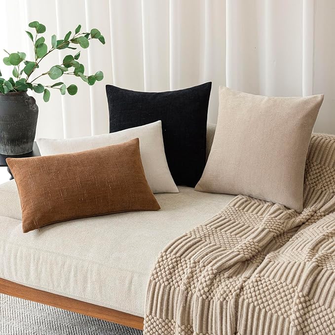 Foindtower Pack of 2 Soft Textured Chenille Throw Decorative Pillow Covers Square Accent Solid Cushion Cover Cozy Farmhouse Pillow Case with Zipper for Couch Sofa Bedroom Living Room 24x24 Inch, Black