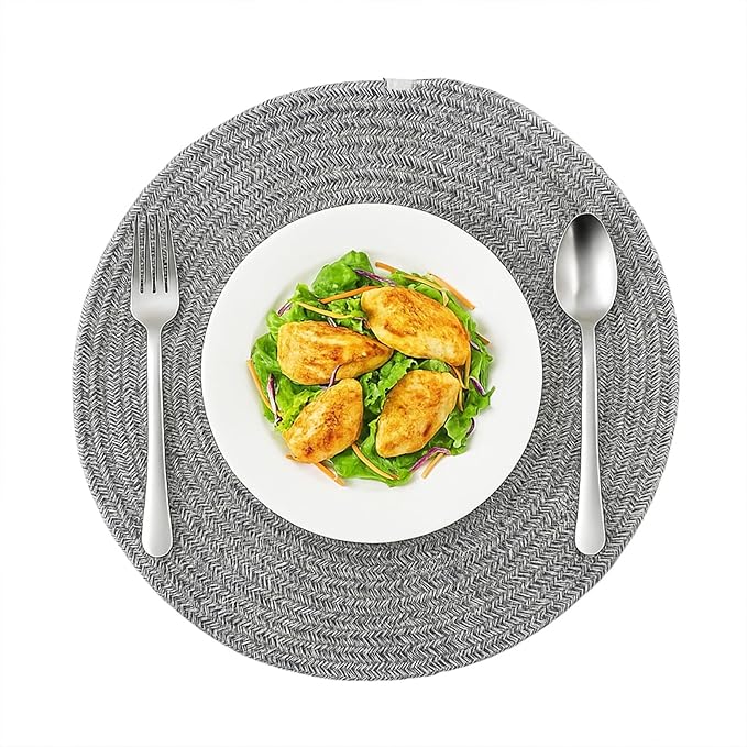 8 Pack Round Woven Placemats 13.5 Inches Heat Resistant Placemats Farmhouse Cotton Rope Braided Place Mats for Dining Tables Trivets for Hot Dishes, Light Grey