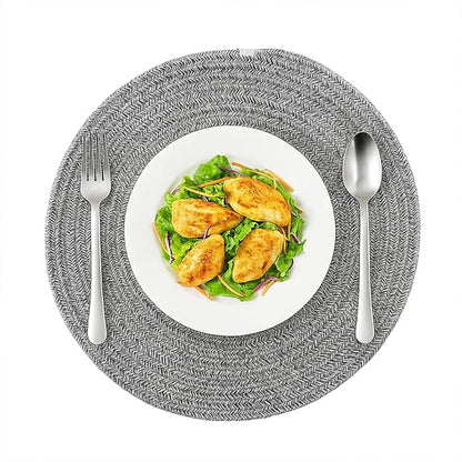 8 Pack Round Woven Placemats 13.5 Inches Heat Resistant Placemats Farmhouse Cotton Rope Braided Place Mats for Dining Tables Trivets for Hot Dishes, Light Grey