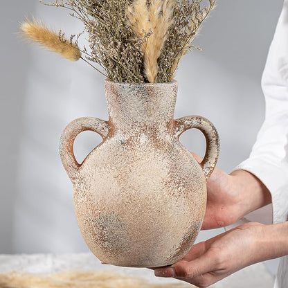 Rustic Ceramic Farmhouse Flower Vase with 2 Handles, Whitewashed Terra Cotta Vase, Decorative Pottery Flower for Home Decor, Table, Living Room, Shelf Decor, 7.3 Inch, Terra