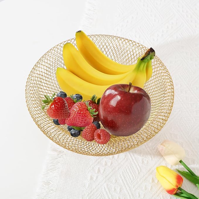 IBWell Metal Wire Woven Fruit Storage Bowl Basket for Kitchen, Large Black Mesh Fruit Stand, for Apple, Pineapple, Banana, Orange, Lemon, Pear, Strawberry, Watermelon (Gold, Small)