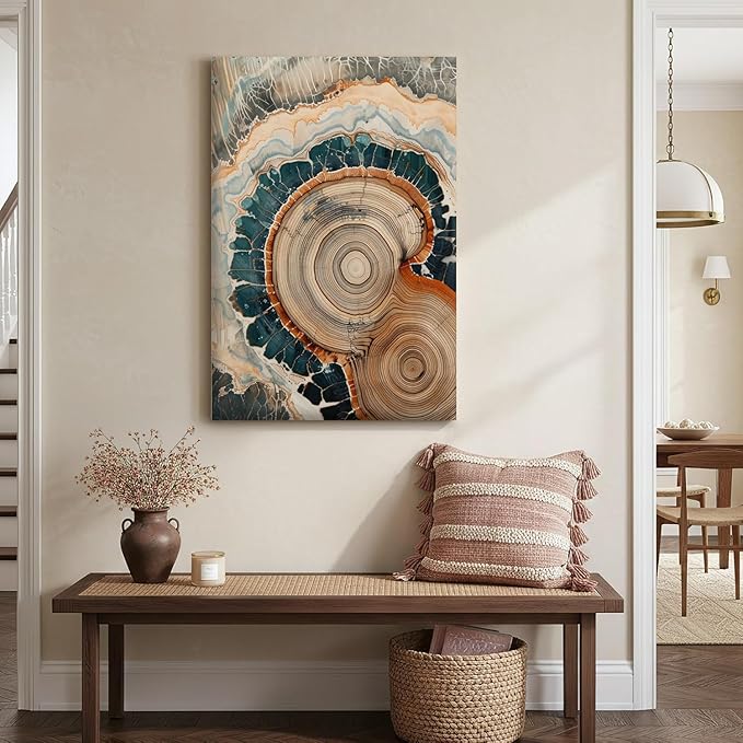 IBHJSART Framed Tree Ring Canvas Wall Art Vintage Colorful Wood Stump Painting Prints Modern Minimalist Pictures Neutral Nature Rustic Farmhouse Decor Living Room Bedroom Bathroom Office