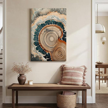 IBHJSART Framed Tree Ring Canvas Wall Art Vintage Colorful Wood Stump Painting Prints Modern Minimalist Pictures Neutral Nature Rustic Farmhouse Decor Living Room Bedroom Bathroom Office