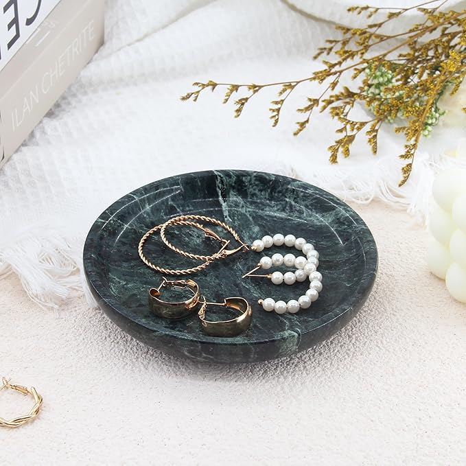 Small Natural Marble Jewelry Tray Key Plate Holder Dish Trinket Decor Catch All Bowl for Ring Earring Stone Gift for Women Daugther,Verde Alpi Green
