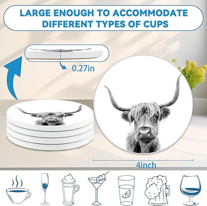 Highland Cow Coasters Set of 4, Absorbent Ceramic Drink Coasters with Cork Backing, Western Theme Coasters for Table Home Décor, Ideal Gifts for Women Men