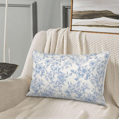 Baby Blue Pillow Covers 12x20 Inch Set of 2 Blue and Cream Floral Chinoiserie Throw Pillows Vintage Rustic Toile Flower Decorative Pillowcase Outdoor Lumbar Cushion Case for Couch Sofa Decor