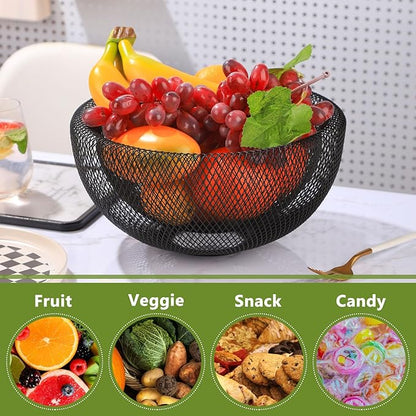 IBWell Metal Wire Woven Fruit Storage Bowl Basket for Kitchen, Large Black Mesh Fruit Stand, for Apple, Pineapple, Banana, Orange, Lemon, Pear, Strawberry, Watermelon (Black, Nomal)