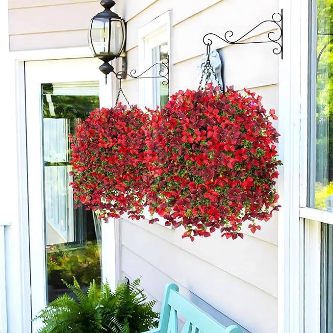 Artificial Hanging Flowers Plants with Basket for Outdoors, Realistic Faux Silk Daisy Flower Eucalyptus for Spring Decor, UV Resistant Fake Plants for Porch Patio Yard Balcony, Red Brown