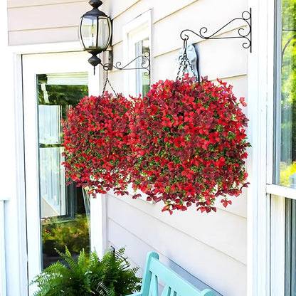 Artificial Hanging Flowers Plants with Basket for Outdoors, Realistic Faux Silk Daisy Flower Eucalyptus for Spring Decor, UV Resistant Fake Plants for Porch Patio Yard Balcony, Red Brown
