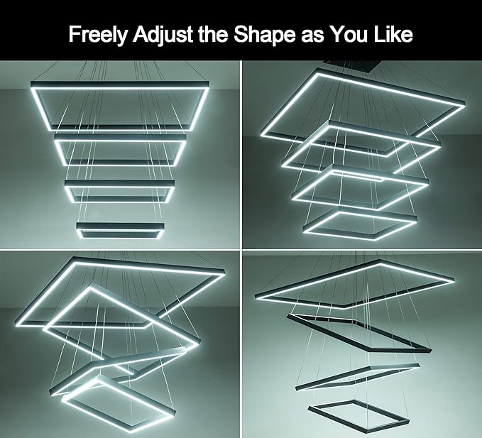 Square Led Chandelier Modern Hanging Light 4-Rings Contemporary Ceiling Pendant Light Dimmable Led Pendant Light for Living Room Kitchen Dining Room 15.7"+19.6"+23.6"+31.4" Black