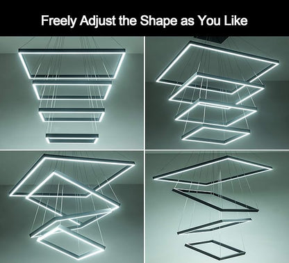 Square Led Chandelier Modern Hanging Light 4-Rings Contemporary Ceiling Pendant Light Dimmable Led Pendant Light for Living Room Kitchen Dining Room 15.7"+19.6"+23.6"+31.4" Black