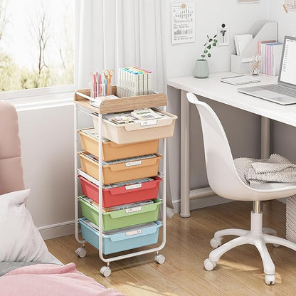 Rolling Storage Utility Cart with 6 Drawers,Art Supply Craft Organizer,Sewing Makeup Organizer and Storage,Office Organization Wooden Tabletop,Rainbow